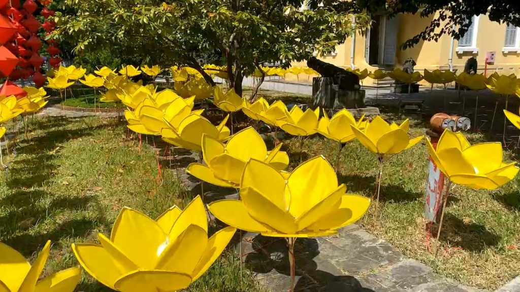 a group of yellow umbrellas