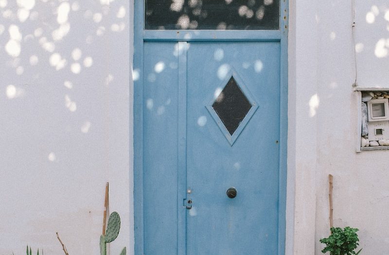 a cat walking in front of a blue door