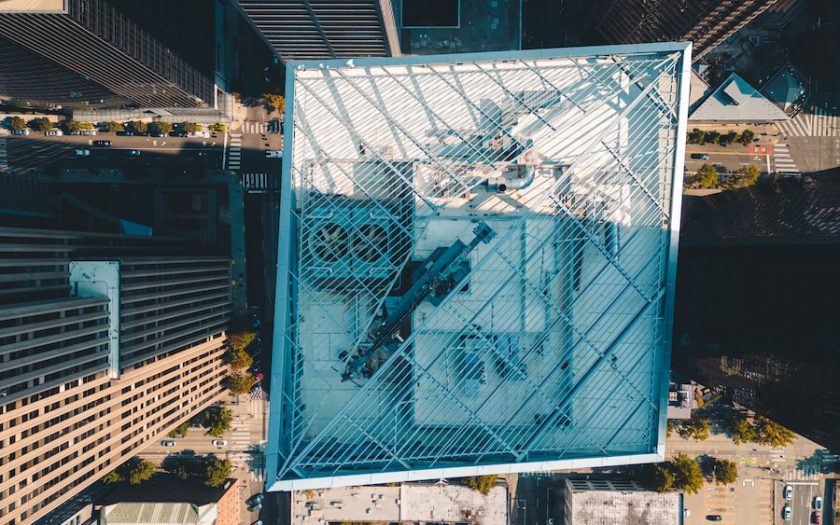 an aerial view of a building in a city