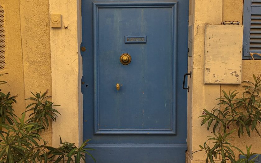 a blue front door of a building with potted plants