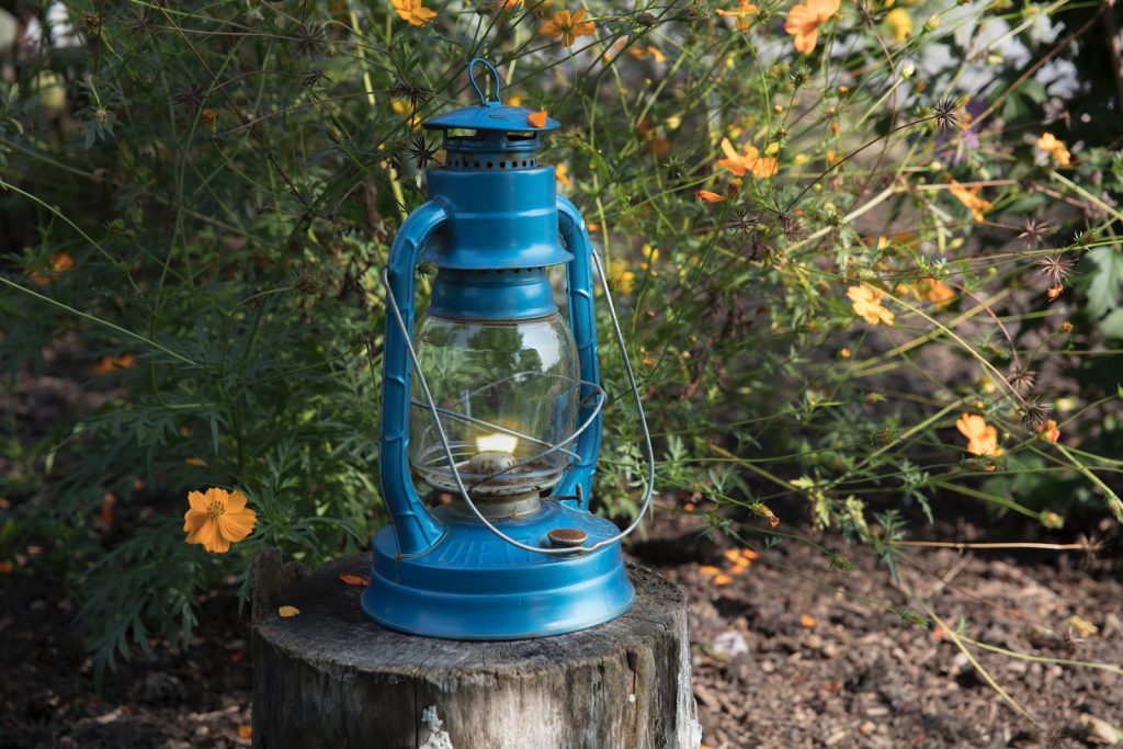 blue metal lantern on wooden tree stump